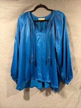 Johnny Was CALME’ Blue Satin Peasant Blouse